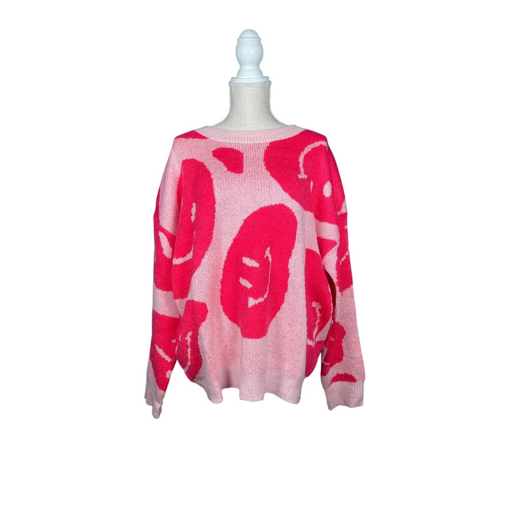 Altar’d State Sweater Womens Medium Pink Smiley Face Y2K Oversized Crewneck LS